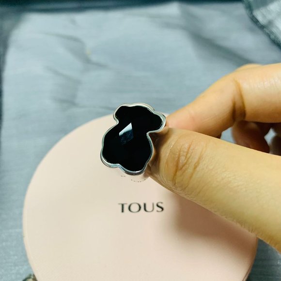 TOUS Ring Big Silver TOUS Color Ring with faceted onyx Women Jewelry 56# - Picture 11 of 13